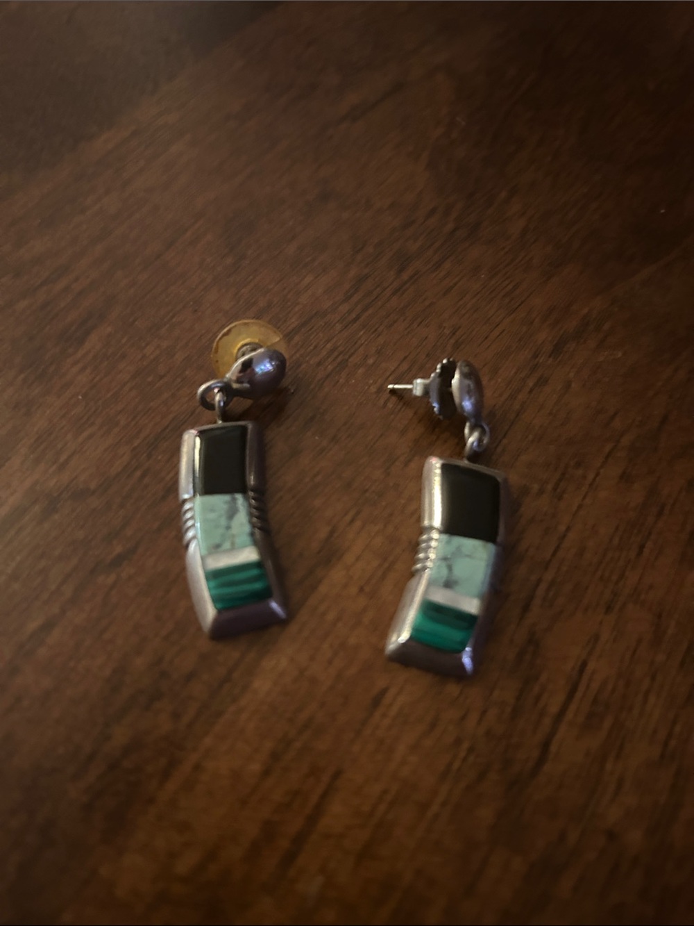Sterling Silver Inlay Dangle Earrings with Black and Green Stones